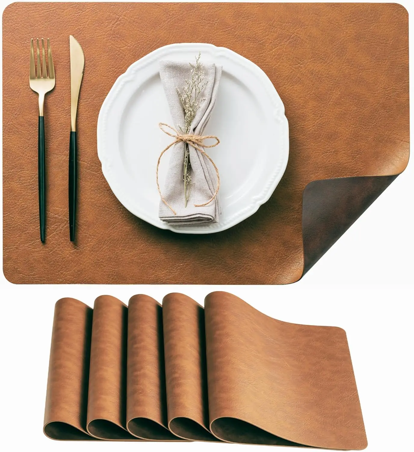 

Placemats Set of 6 Reversible Dual-Color Table Placemats – Heat Resistant Wipeable & Washable Place Mats, Luxury Faux Leathe