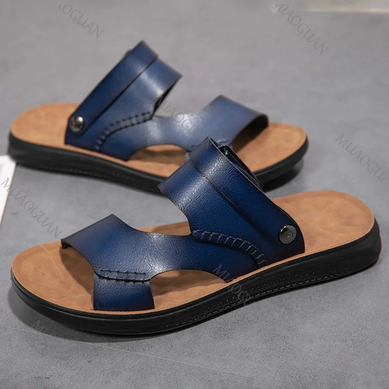 Simple Men's Sandals Summer Slip On Classic Beach Vacation Shoes For Male Flats Leather Adjustable Sandals Retro Roman Slippers