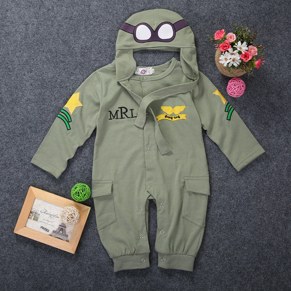 Baby Boys 2Pcs Outfit Long Sleeve Pilot Romper Jumpsuit + Cap Army Green Autumn Clothing Set