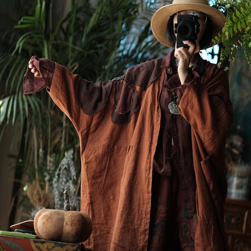 

Oversized Women Casual Linen Trench Coats New Arrival 2025 Autumn Vintage Style Patchwork Color Loose Female Long Jackets M1943