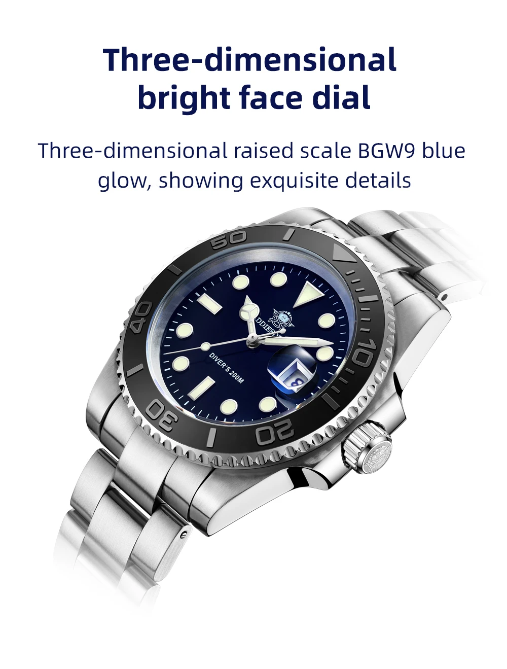 ADDIESDIVE 41mm Herren-Quarzuhr 200m Wasserdichtigkeit BGW9 SuperLuminous Edelstahl-Armband Business Casual Herrenuhr – Detail 8