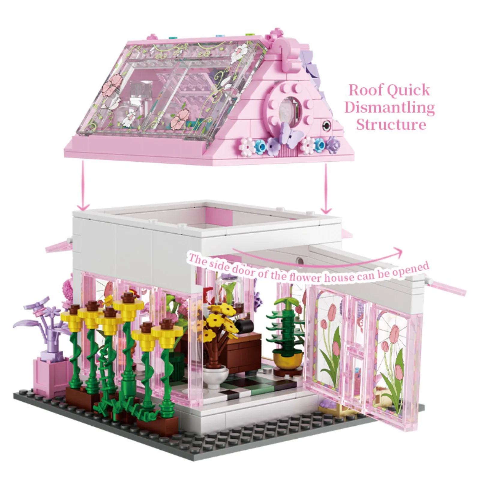 705 ชิ้นสีชมพูโรแมนติกดอกไม้ House Building Blocks ชุดสถาปัตยกรรม DIY ของเล่น