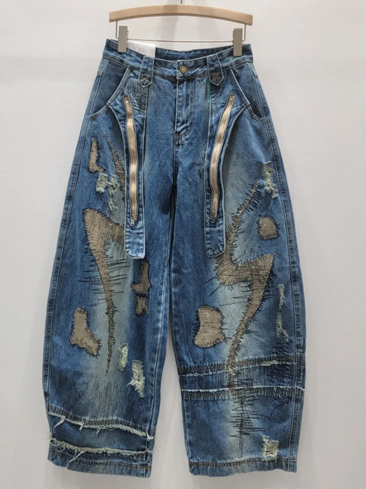 ANJY Herfst Amerikaanse Nieuwe High Street Vintage Zware Borduren Tij Jeans Unisex Niche Ontwerp Stijlvolle Wijde Pijpen Denim Broek A11460 - afbeelding 2