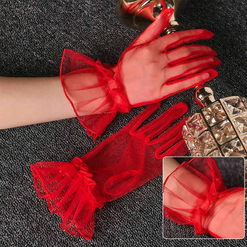 Women's Short Tulle Gloves Sexy Lace Full Finger Mittens Transparent Wedding Bridal Gloves Lady Driving Glove
