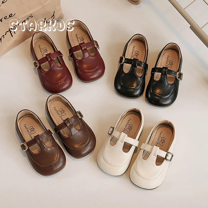 Round Toe T-Strap Mary Jane Shoes For Kids Girls Soft Leatherette Retro Buckle Strap Ballet flat Baby Child Concise Loafer Shoes