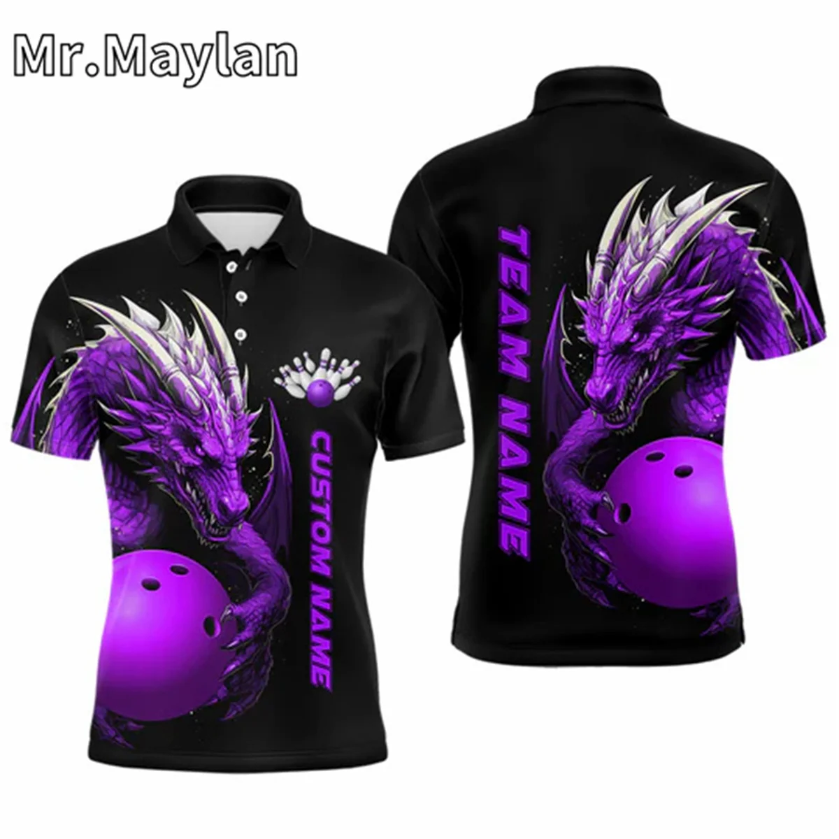 

3D Custom Purple Dragon Men Bowling Polo Shirts Team Bowling Jerseys Bowling Apparel For Bowler Gifts For Bowlers Unisex Tops