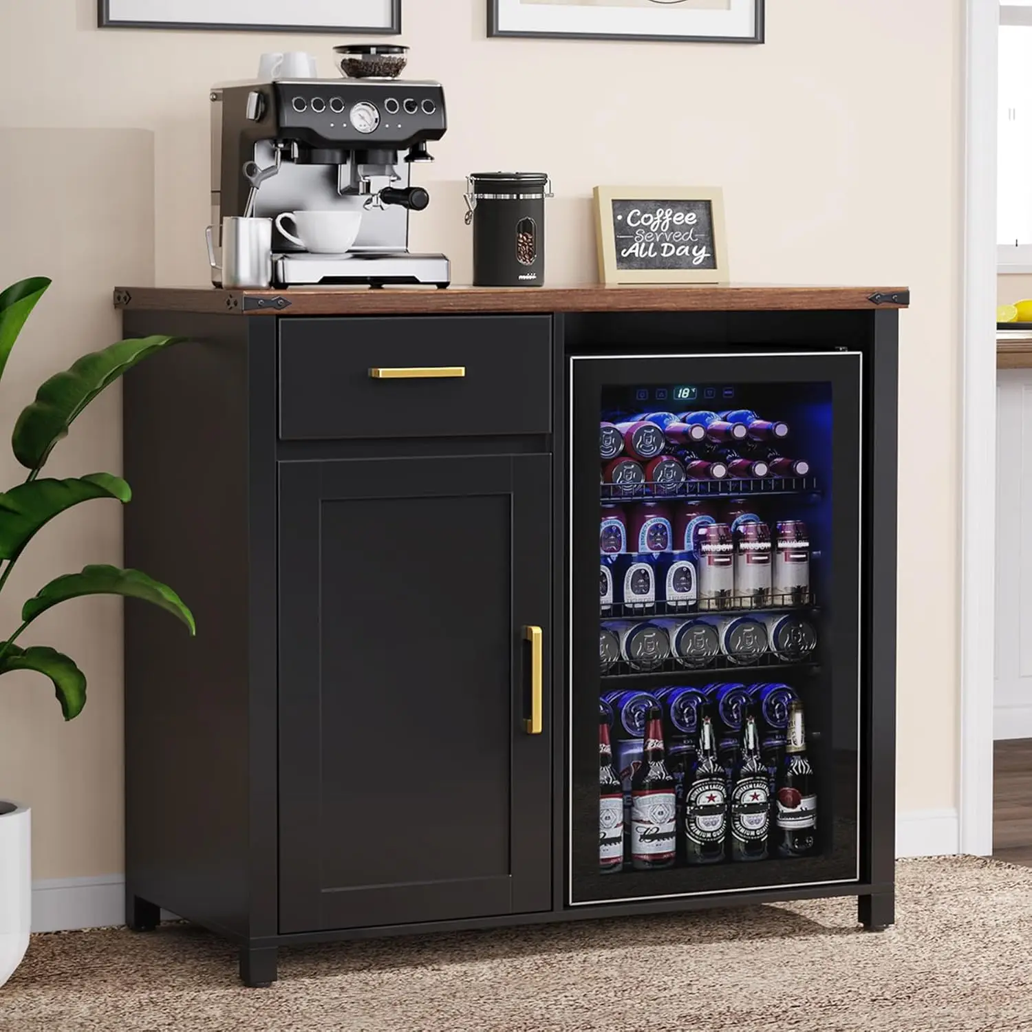 Coffee Bar with Mini Fridge Space, Mini Fridge Cabinet Stand，Liquor Wine Cabinet for Dorm, Kitchen or