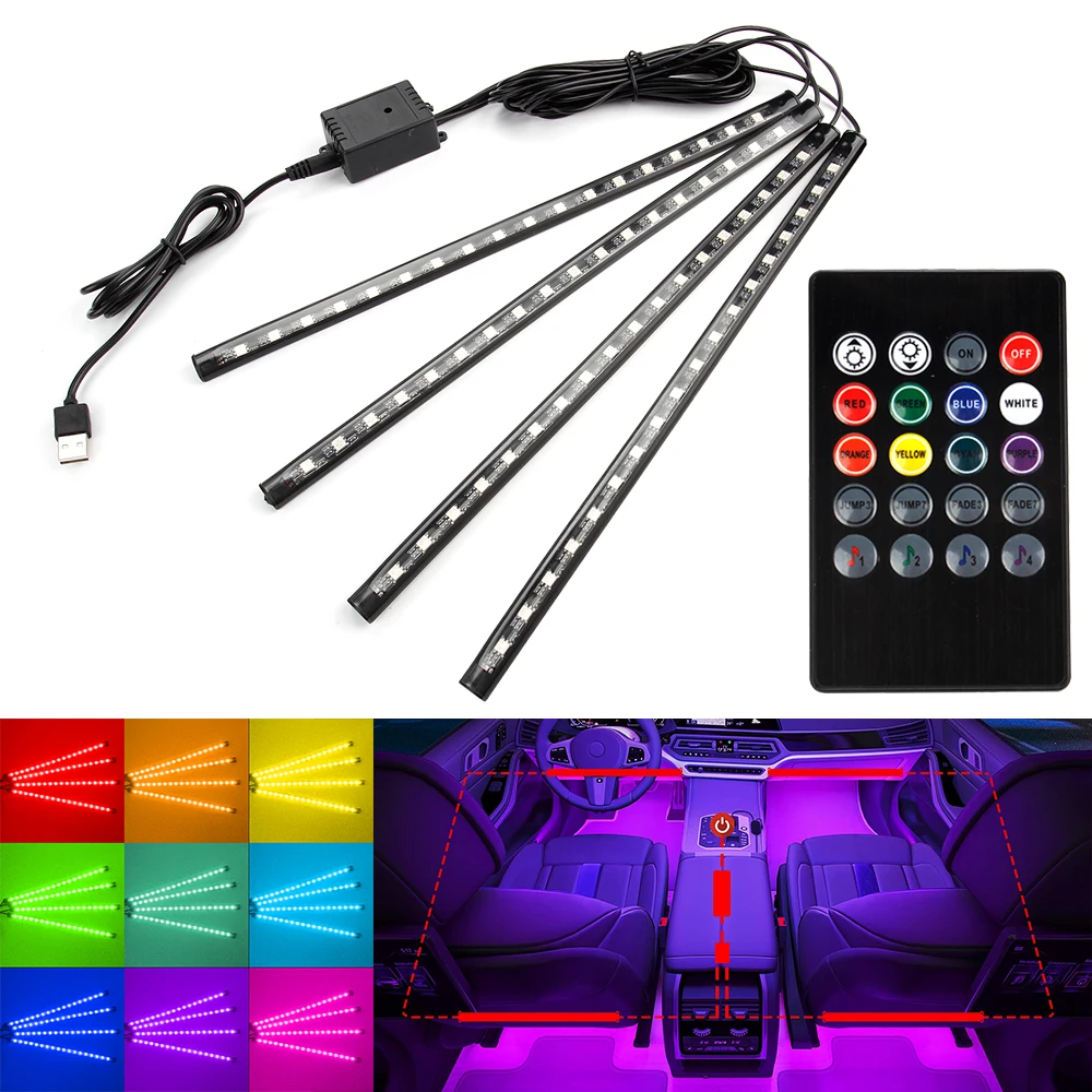 OKEEN 72LED 4in1 Interior Neon Light Strip USB  With App Remote Music Control Atmosphere Lamp Car  Accessory Ambient Foot Lights