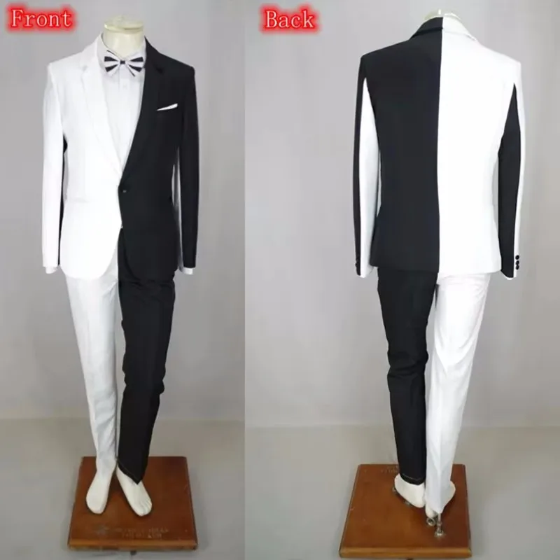 Men's Splicing Colors Suits Black White Blazers Pants 2 Piece Set Magic Performance Clown Costume Male Singer Carnival Party