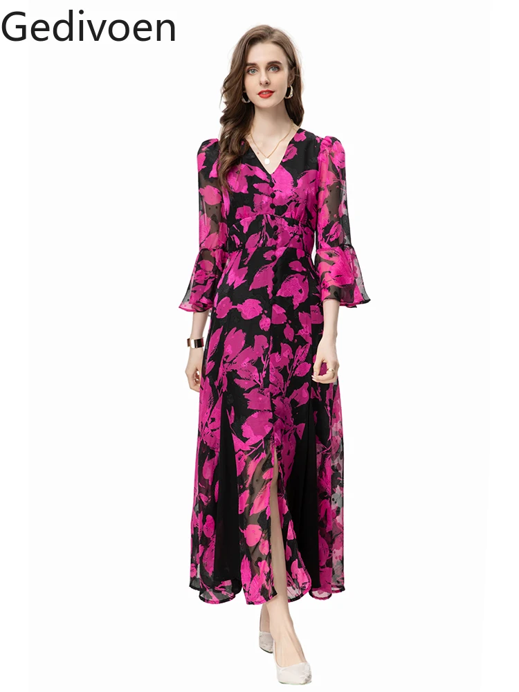 

Gedivoen Summer Fashion Runway New Designer Three Quarter Flare Sleeve Printing Floral Office Lady Style Empire A-LINE Dress