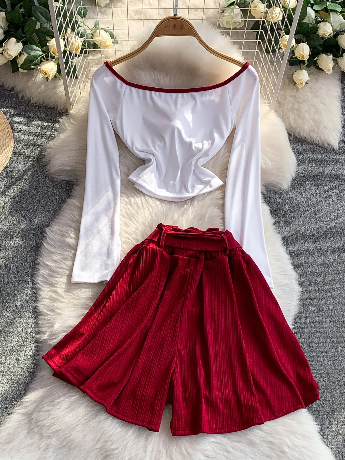 Conjunto Casual de Calças de Cintura Alta e Sem Alças, Calças de Pernas Largas, Top com Laço, Conjunto Slimming de Duas Peças