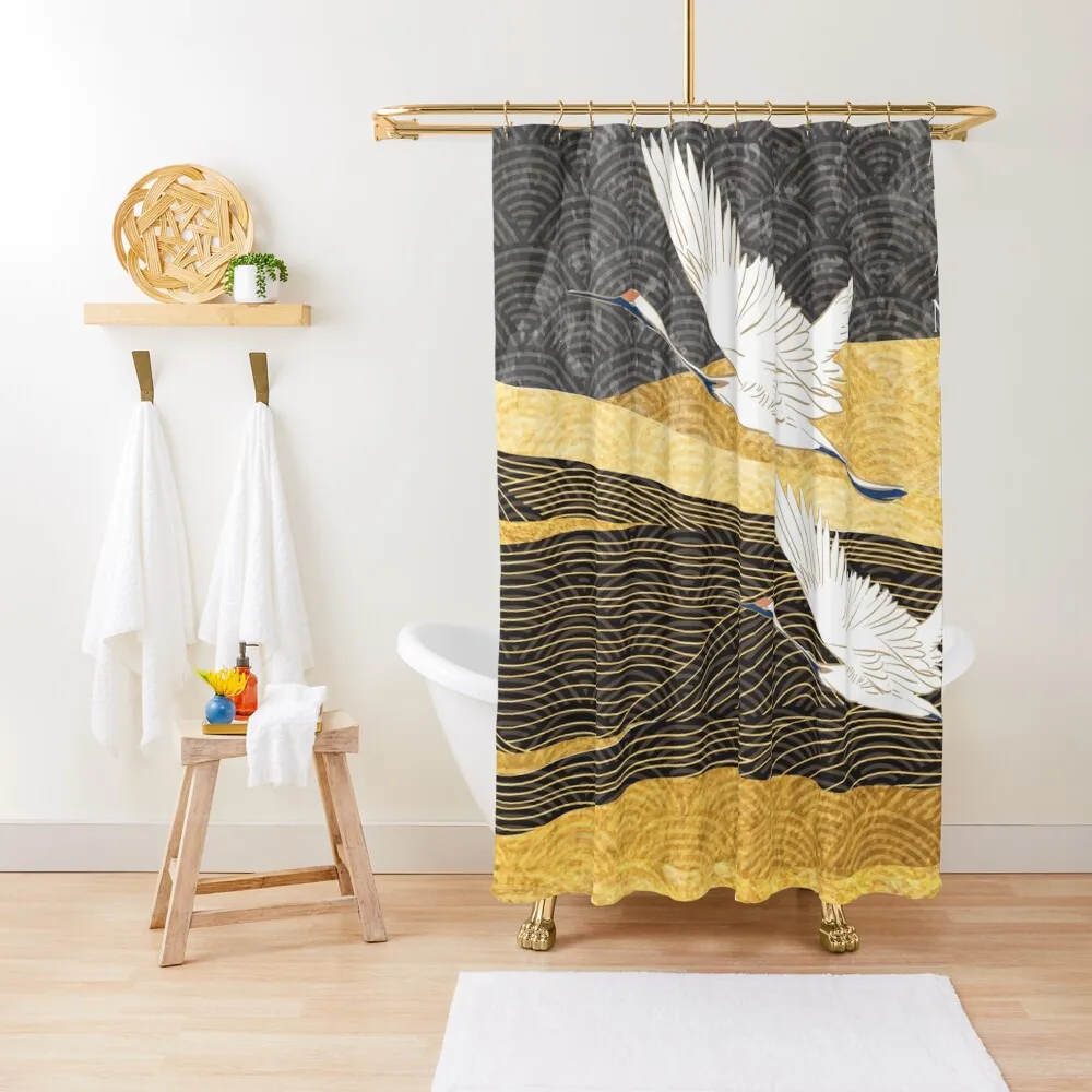 

golden japanese cranes Shower Curtain Waterproof Shower And Anti-Mold Bathroom Showers Luxury Bathroom Shower Curtain