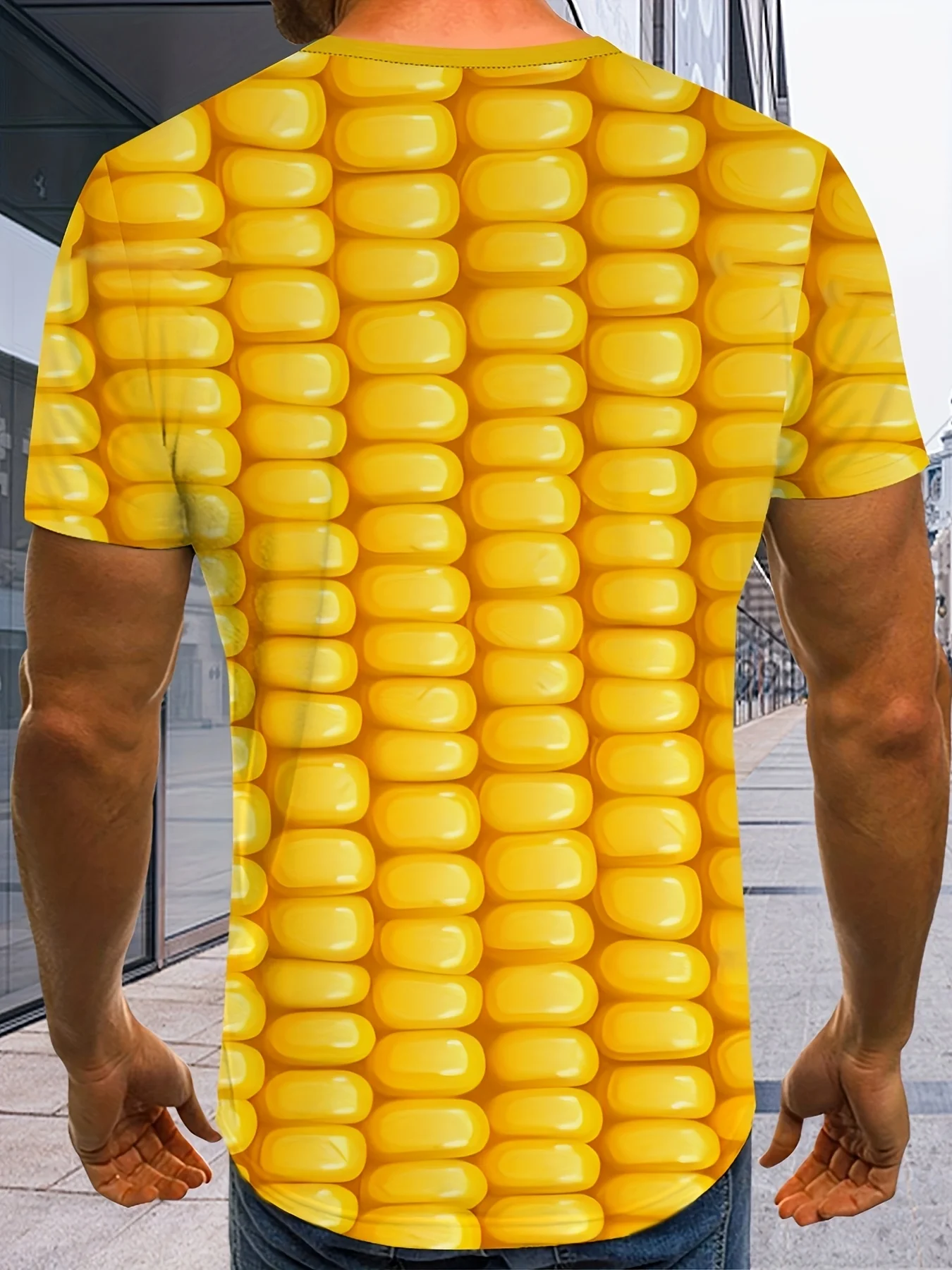 Herren 3D Mais-Print T-Shirt Lässiger O-Ausschnitt Kurzarm Lustiges Lebensmittel-Grafik-Tee Sommer-Oberteil – Detail 3