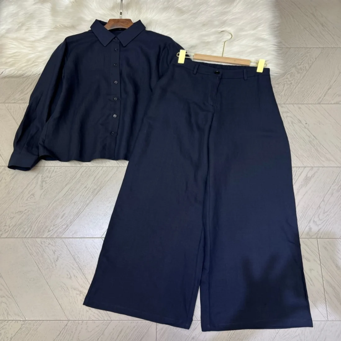 Women's Navy Blue  Piece Set Long Sleeve Shirt And Elastic Waist Wide Leg Pants