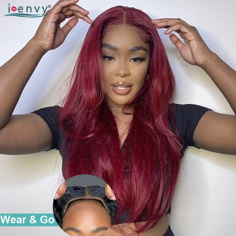 Colored Burgundy Wear Go Glueless Human Hair Wigs Straight 13X1 13X4 Lace Frontal Wig Pre Cut Red Lace Front Wigs Ready To Wear