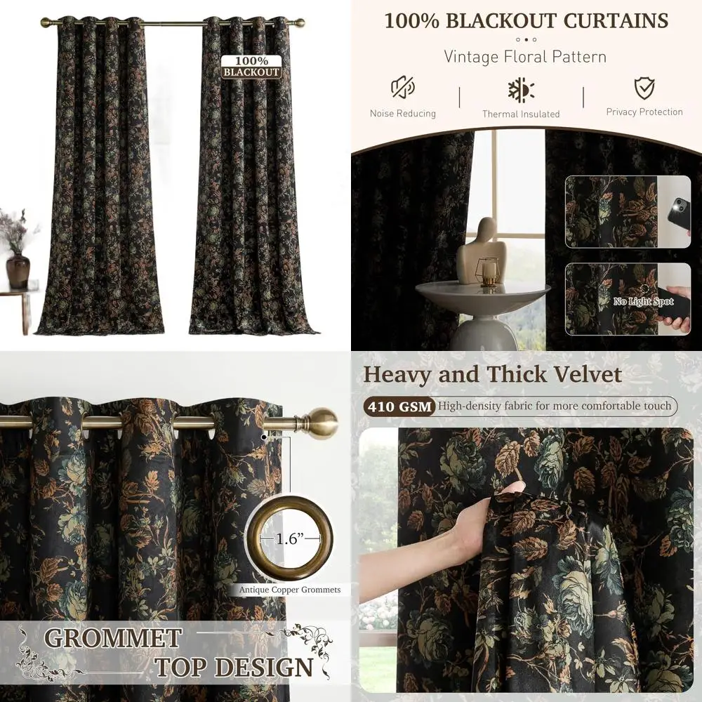 

Blackout Floral Curtains, 100% Blockout, Victorian Velvet, Thermal Insulated, W52 x L96, 2 Panels