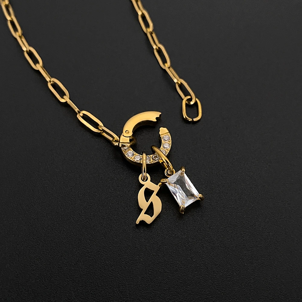 eManco الفولاذ المقاوم للصدأ DIY المختنق القلائد النساء قلادة الربيع مشبك سلسلة الأولي رسالة زركونيا قلادة المرأة مجوهرات #4