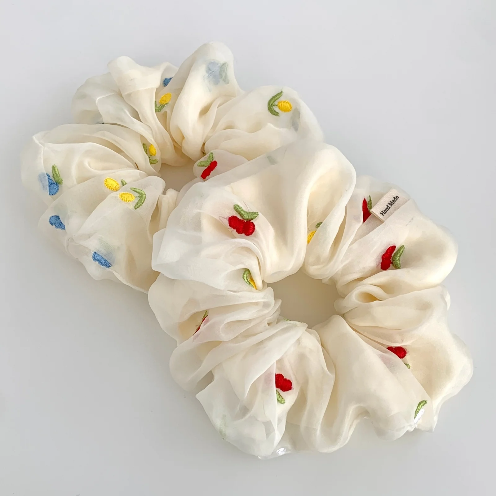 Cute Cherry Floral Embroidered Chiffon Scrunchie, Handmade Sheer Elastic Hair Tie, Sweet Summer Hair Accessory For Girls Daily