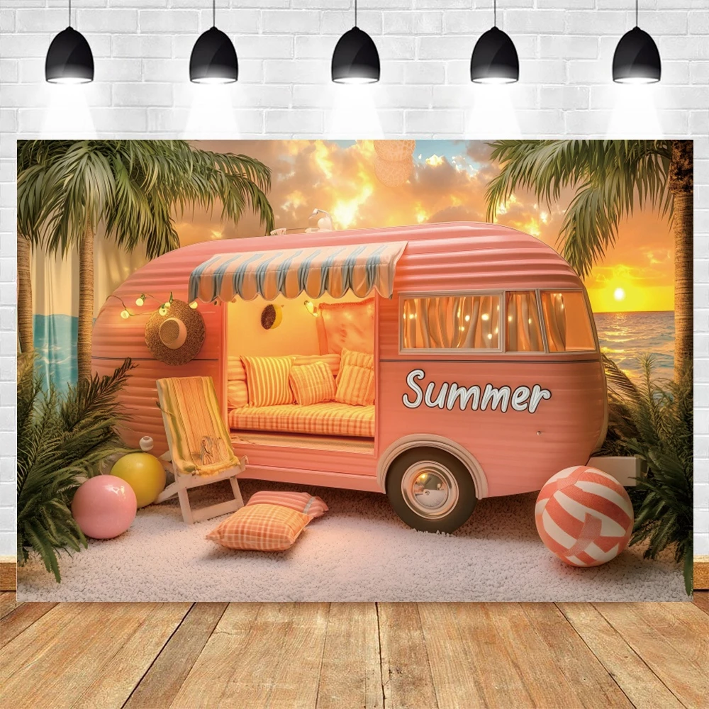 夏の写真の背景,海辺,ビーチ,日没,ピンク,バン,ヤシの木,休暇,写真スタジオ,撮影アクセサリー