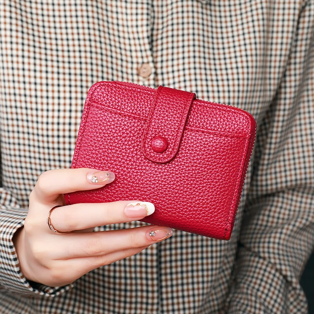 

Elegant Women Short Wallet Lychee Pattern Pu Leather Business Purse Solid Color Zipper Bank/ID/Credit Card Holder Outdoor