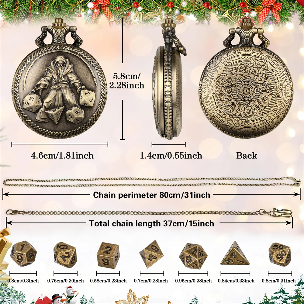 Retro Wizard Dices Decorated Metal Pocket Watch Case with Fob Chain 7pcs/Set Polygon Mini Dices Novel Christmas Gift for Men