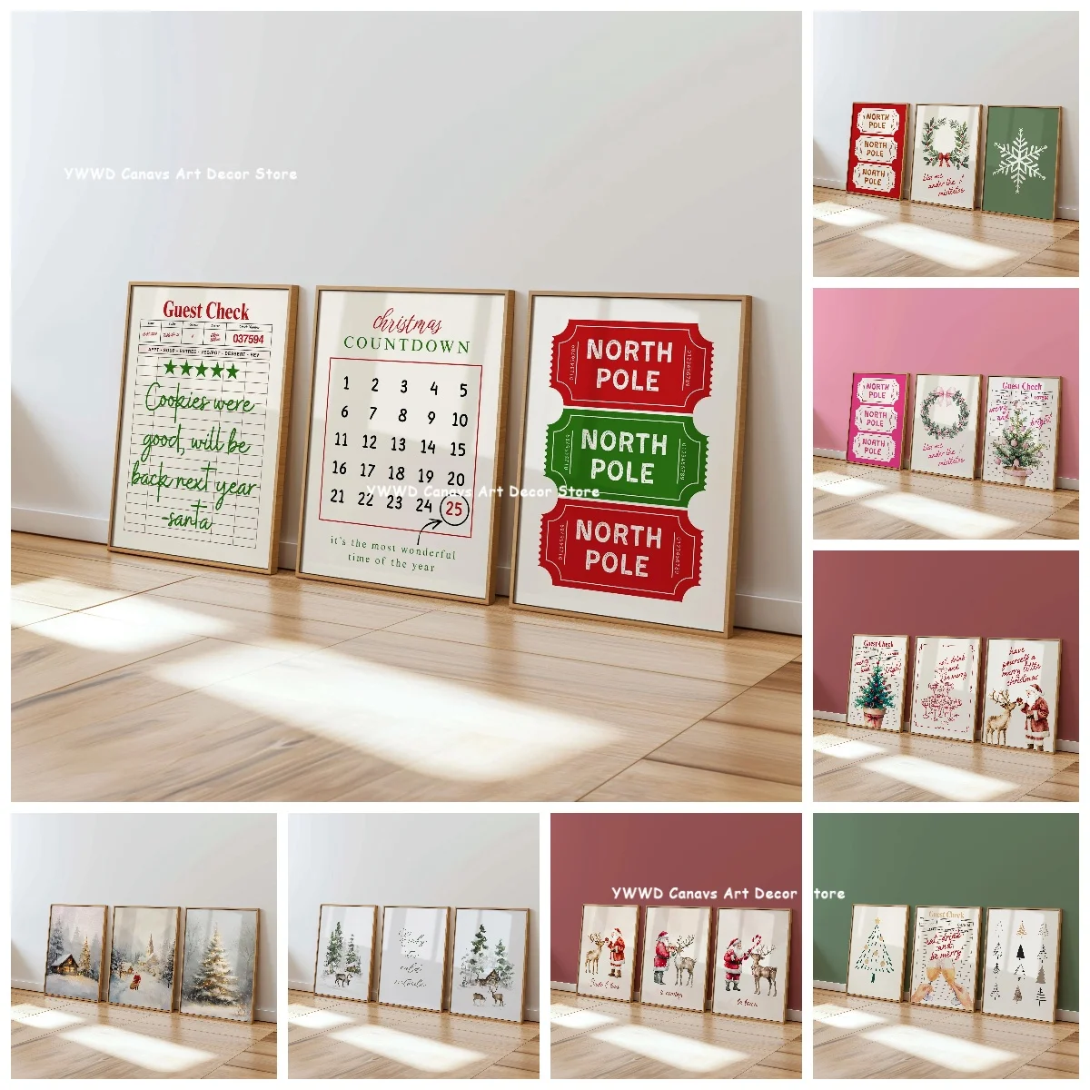 1/3pcs Arctic Christmas Holiday Countdown Canvas Print Winter Deer & Santa Claus Forest Wall Art Poster for Modern Home Decor