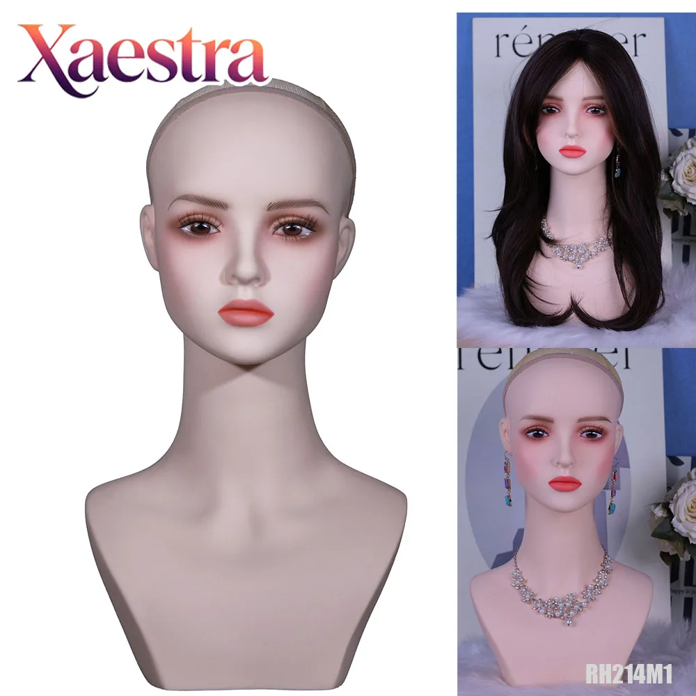 Soft Pink Blush Wigs Display Head Realistic Narrow Shoulder Bust Mannequin Head Pvc Foam Filled Head With Ear Holes,Eyelashes