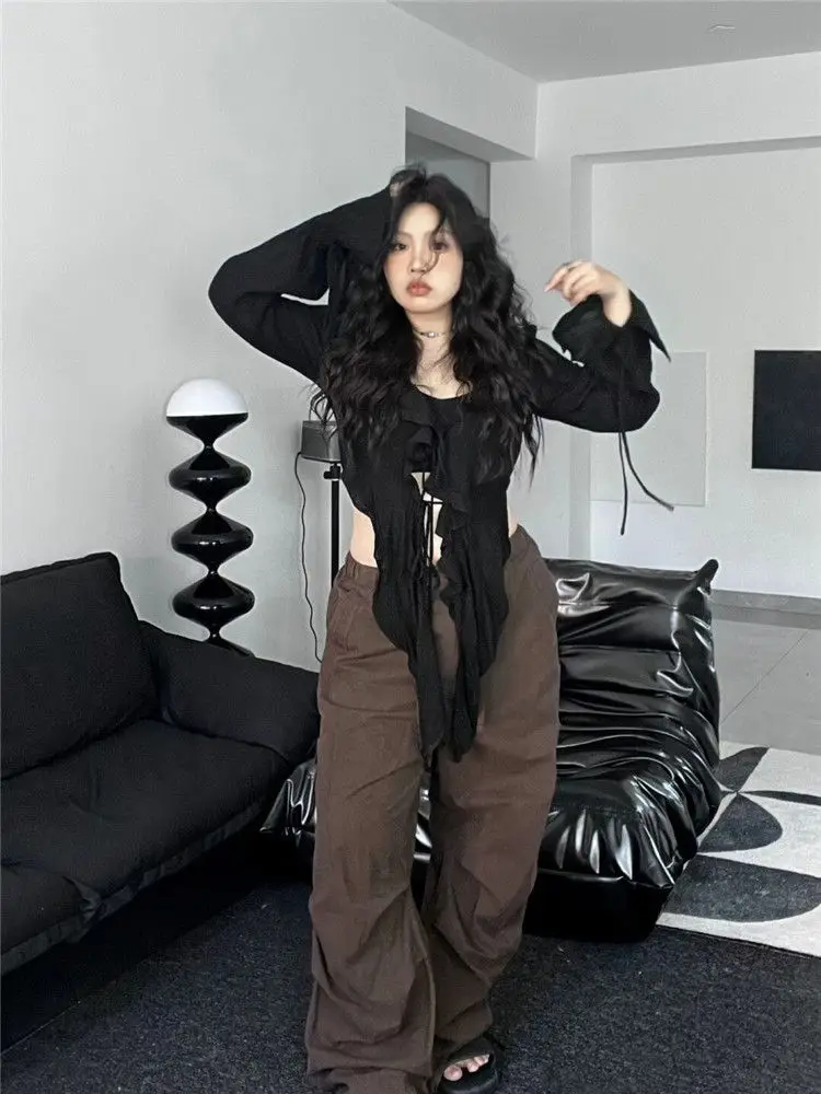 Yedinas Gothic Black Solid Lace Up Blouse Women Clothes Long Sleeve Korean Fashion Autumn Spring Tops Fairycore Shirts Blousa