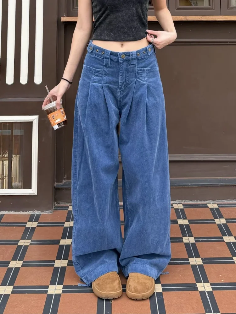 

Модные женские брюки Y2K 2025: темно-синие плиссированные свободные брюки-палаццо, прямые повседневные длинные брюки для женщин, Ropa Mujer