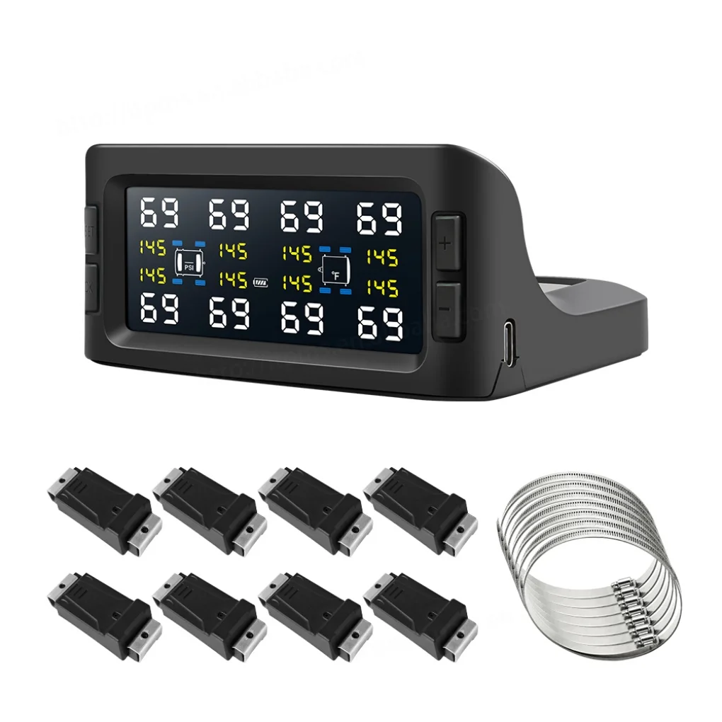 

Digital Special Tire Pressure Monitoring System 8-wheel RV Trailer Solar Real-time Air Leakage & High Temperature Alarm