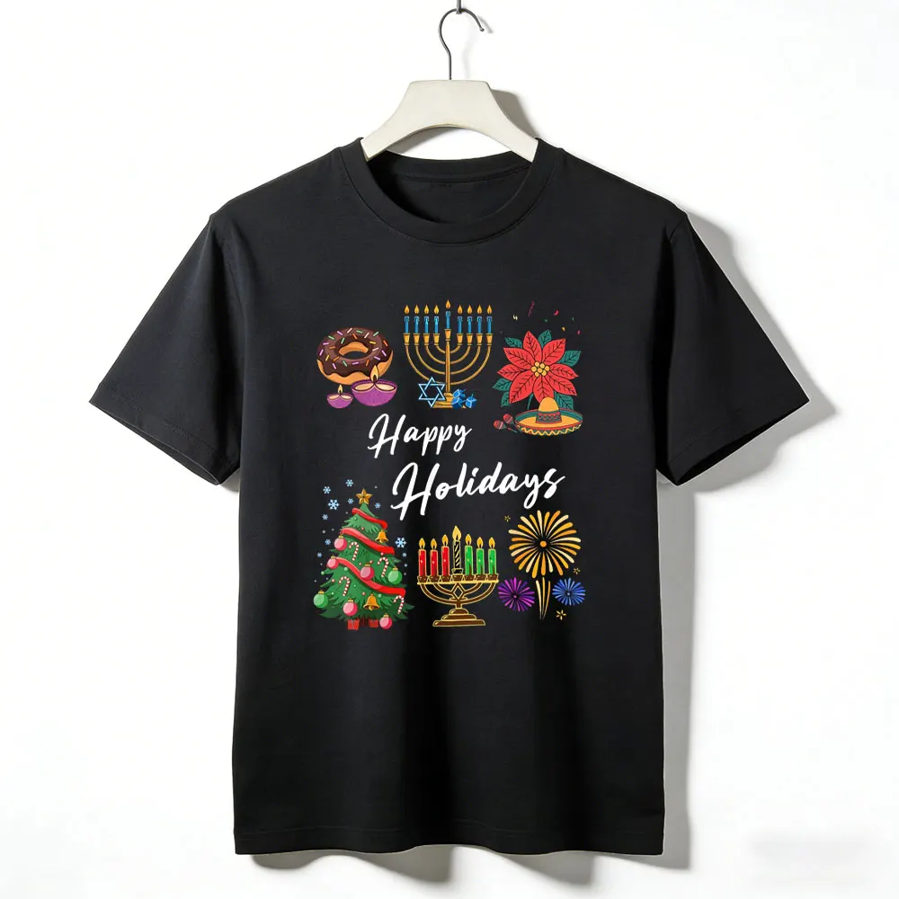 Unisex Frohe Feiertage Chanukka Weihnachten Kwanzaa Design T-Shirt Neujahr Jüdische Feiertagsfeier Freizeitkleidung für Männer Frauen