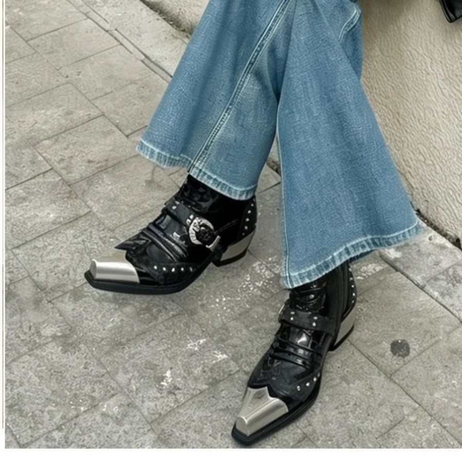 

Men's Gothic Chelsea Boots Black Crocodile Embossed Patent Leather Metal Toe Cap Studded Buckle Strap Square Toe Ankle Boots