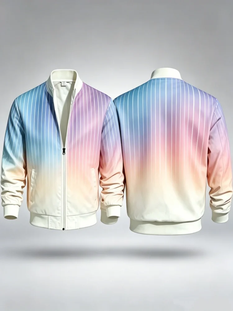 Men Slim Stand Collar Zip Bomber Jacket With Pockets Gradient Vertical Pinstripe Pastel Casual Coat