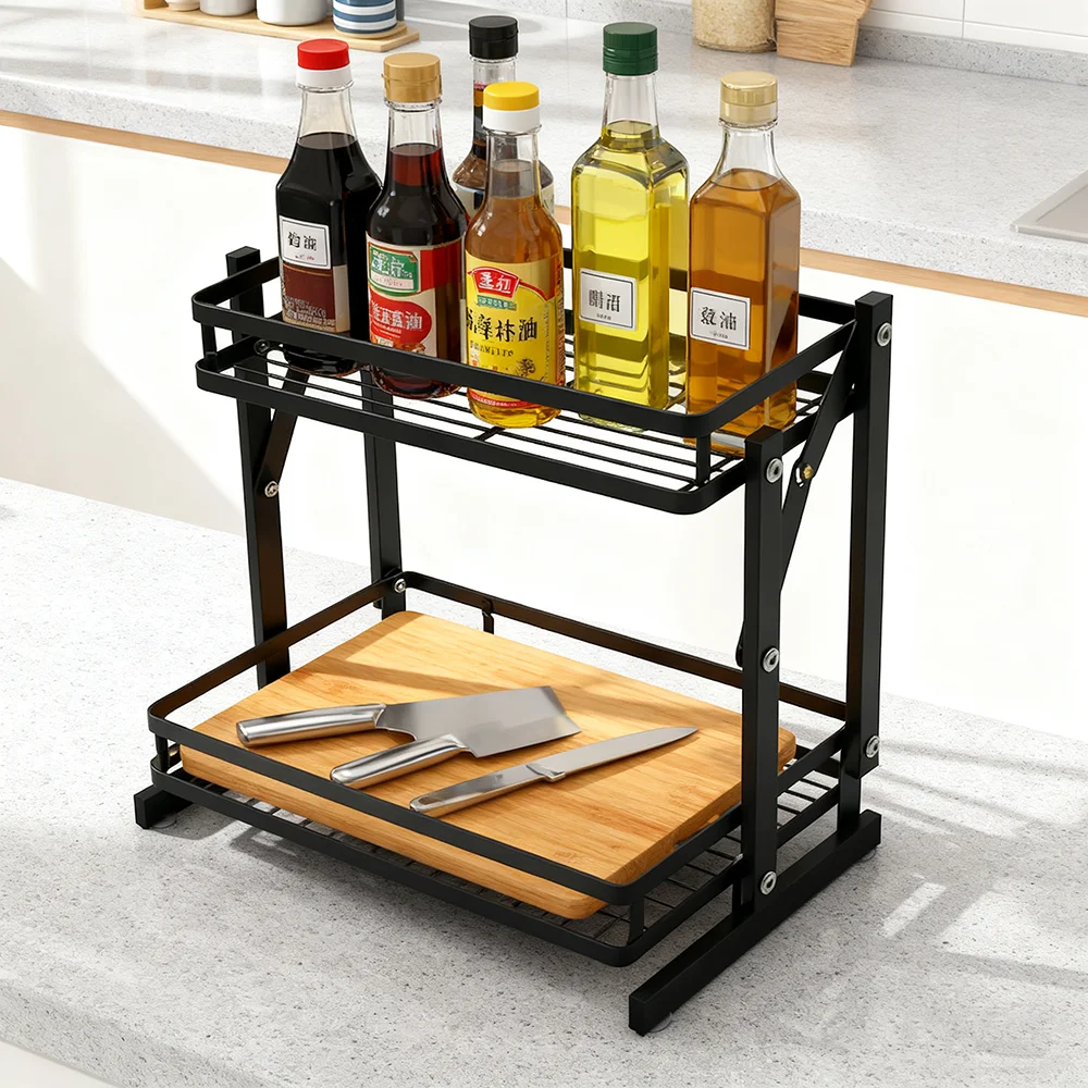 

1 комплект складной органайзер для стойки для специй, 2-уровневая полка для ванной комнаты, органайзер для кухонной стойки на столешнице с 3 крючками для банки для специй