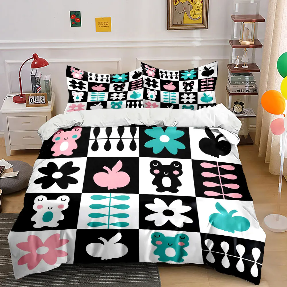 Cartoon animals and floral fruits mosaic Bedding Set for Kids Luxury Gift 3pcs Digital Print Comforter Set Soft Comfortable