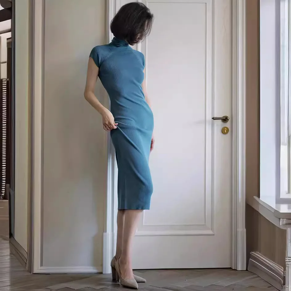 

6490 Hong Kong Style Cheongsam Feel High Neck Slim Fit Curvy Split Short Sleeve Inner Long Dress