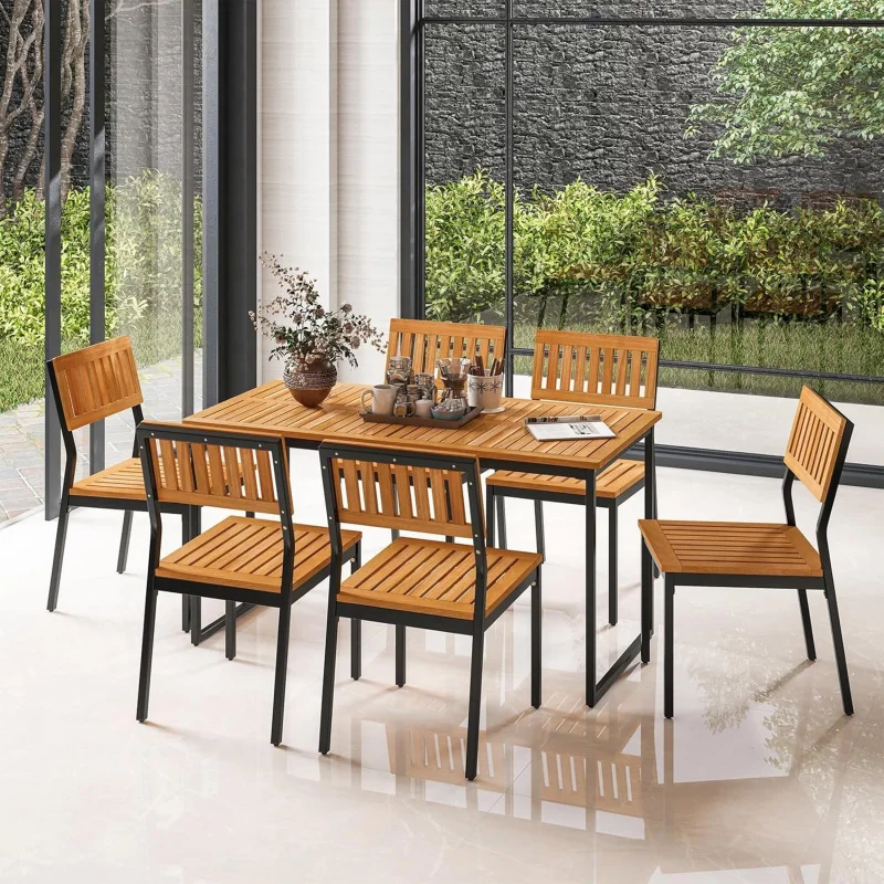

Wood-Piece Outdoor Dining Set 6, Rectangular Table/ Hole & Metal Frame, 6 Armless Chairs, Farmhouse Pati