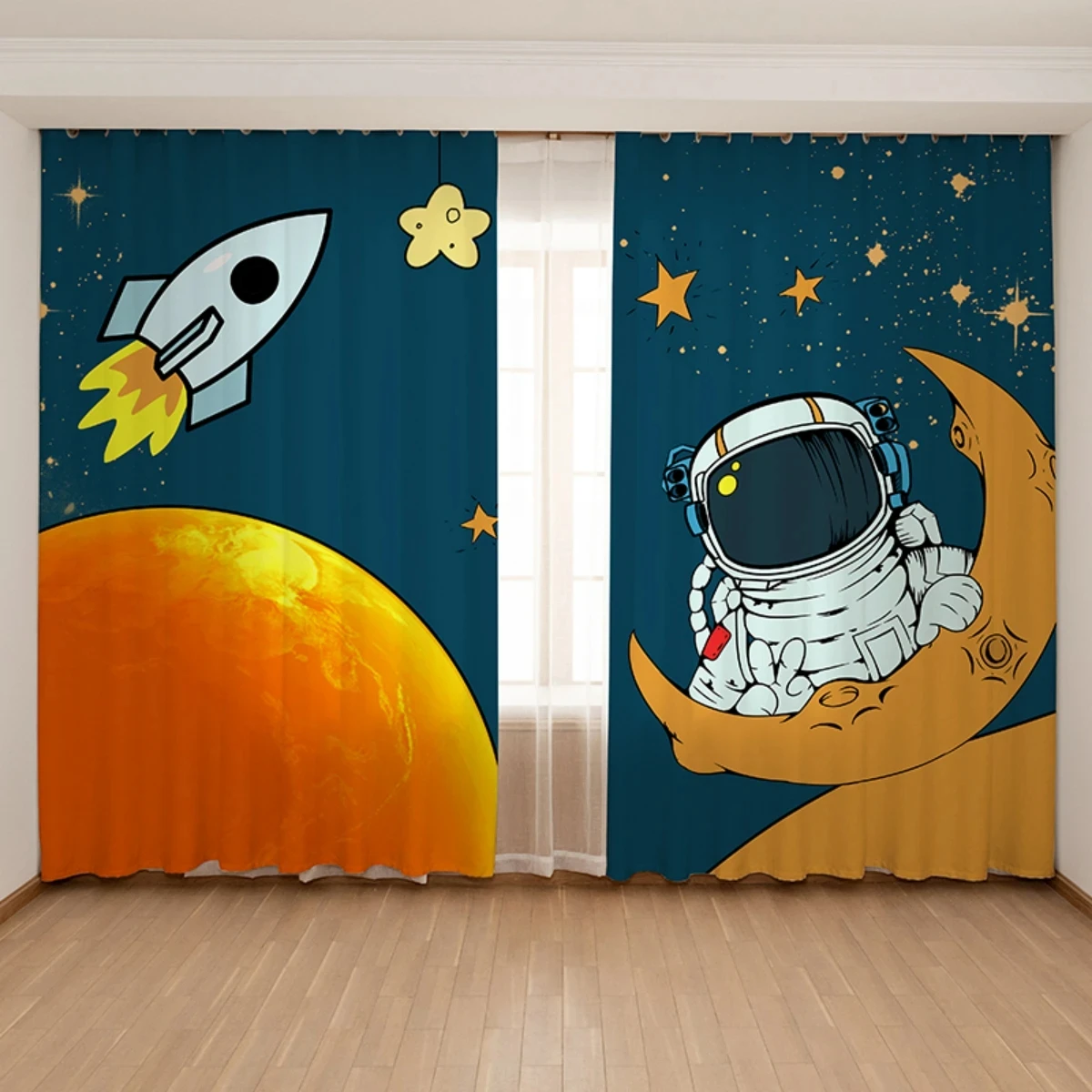 Cartoon Space Rocket Space Astronaut Children's Room Boy Bedroom Bay Window High Shading Fashion Various Color Pattern 2Panels