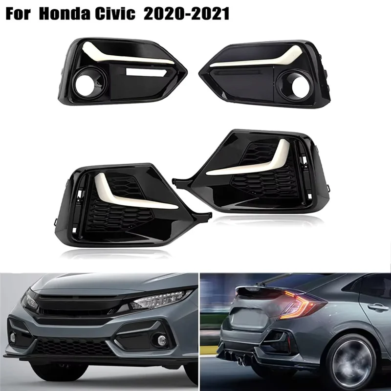 

A03Z-1 Set 4Pcs Front Rear Fog Lamp Light Trim Frame Shell Cover Bezel Rear Bumper Grill For Honda Civic 2016-2021