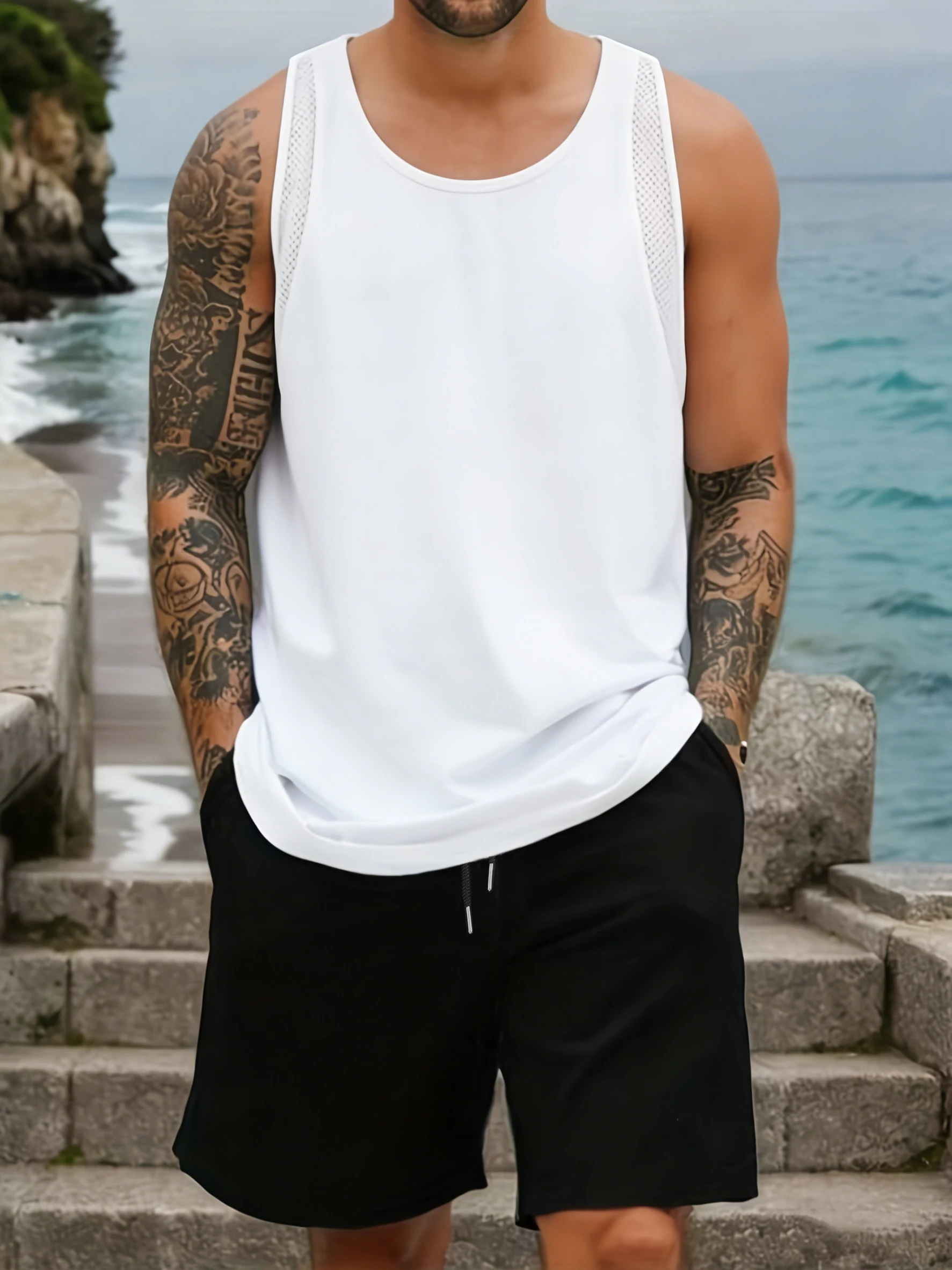 

2PCS Suit Solid Color Mens Vests Set O-Neck Casual Streetwear Fitness Wide-Leg Short Pants Sleeveless Summer Mesh Tank Tops