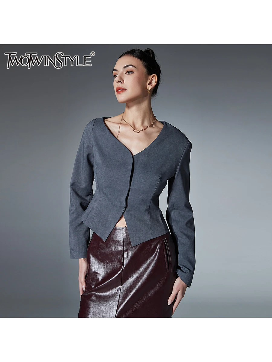 TWOTWINSTYLE Solid Minimalist Spliced Button Blazer For Women Diagonal Collar Long Sleeve Slimming Blazers Female Fashion New