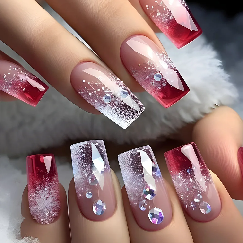 24 pçs gradiente vermelho falso prego francês longo ballet unhas falsas conjunto com strass glitter wearable imprensa em unhas dicas de manicure