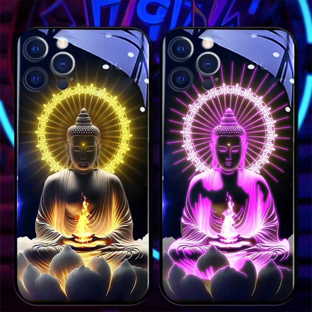 

Buddhist Buddha LED Light Glow Luminous Tempered Glass Phone Case For iPhone Air 17 16 E 15 14 13 12 11 Pro Max Plus XR X