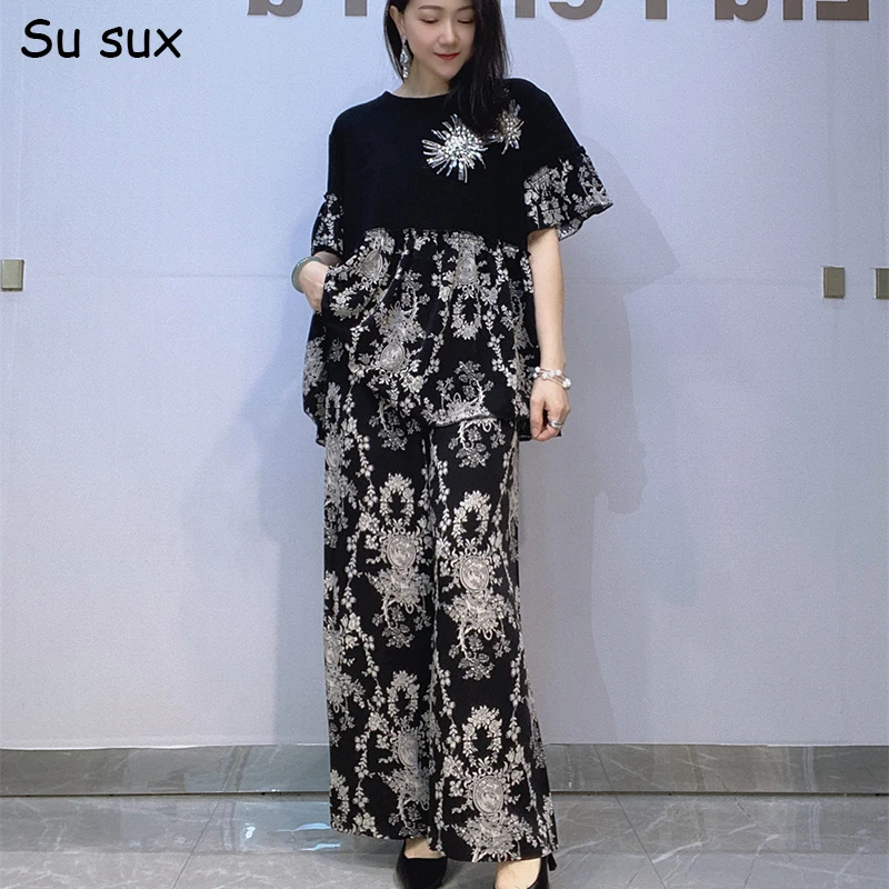

Beading Embroidery Chiffon Patchwork Print 2 Piece Sets Woman Short Sleeve T Shirt and Wide Leg Pant Sets Vestidos Streetwear