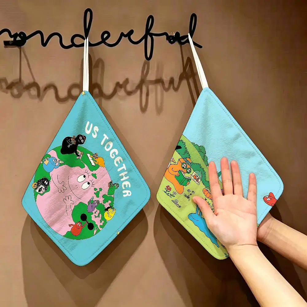 Cute Cartoon Les Barbapapa Polyester Cotton Hand Wiping Towel, Hanging Towel, Quick Dry For Kitchen Bathroom Daily Supplies