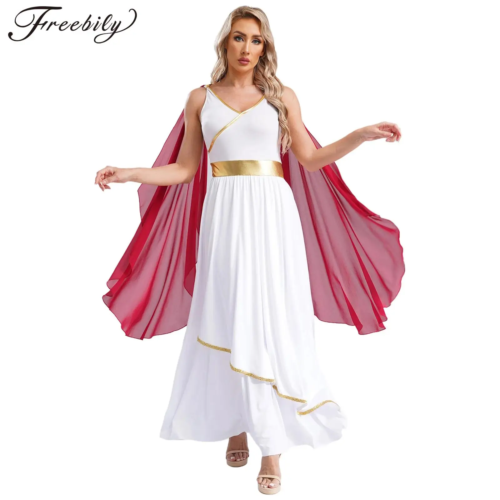 Womens Ancient Greek Dress Greece Roman Queen Robe Carnival Halloween Costumes Sleeveless Gold Trims Toga Holiday Cosplay Dress