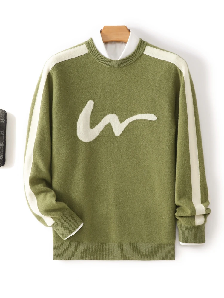 Mężczyźni Wełniany Sweter Pullover Jesień Zima Casual Popularna Odzież 100% Wełna Merino Dzianina O-neck Color block Kaszmirowy Top z długim rękawem