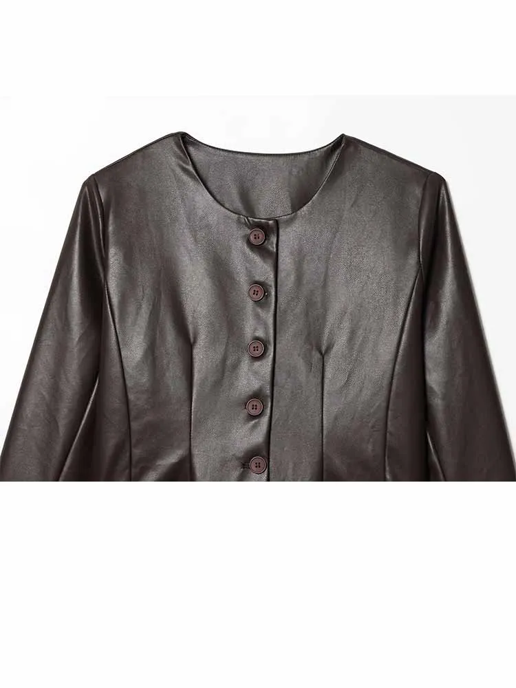 HH nouvelle femme hiver mode col rond manches longues simple boutonnage en cuir artificiel femme décontracté Style de rue manteau