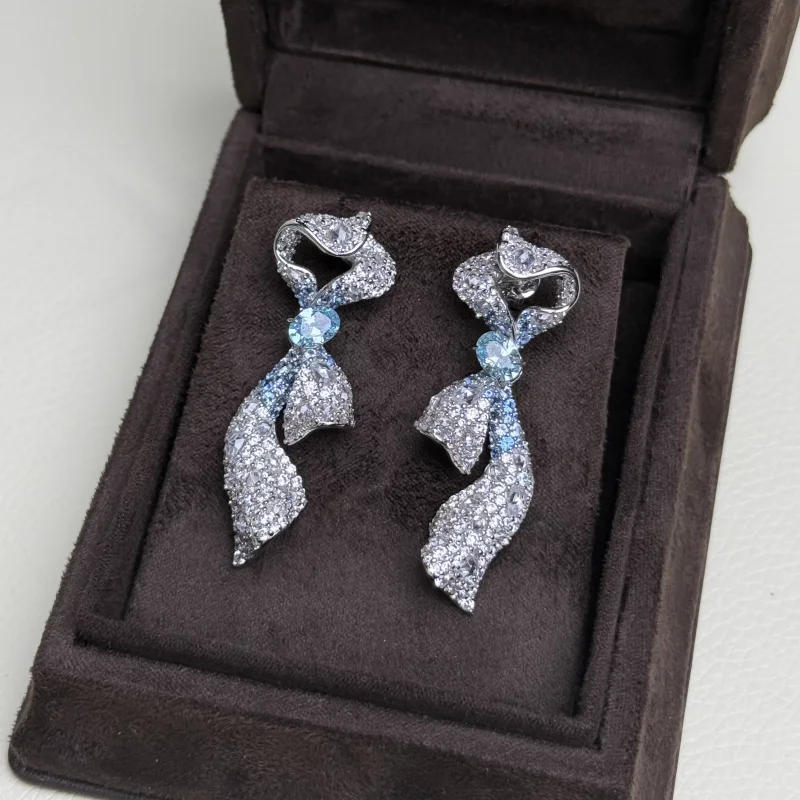 Bellux S925 silver gold-plated lab grown Paraiba blue gradient ribbon bowkot popular elegant earrings for women
