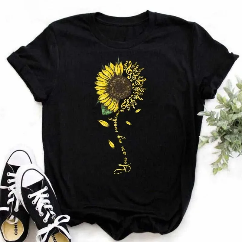 2024 New Sunflower with Dragonfly Women Tshirt Harajuku Short Sleeve Black T Shirts Cartoon Casual Tops Tees Clothes